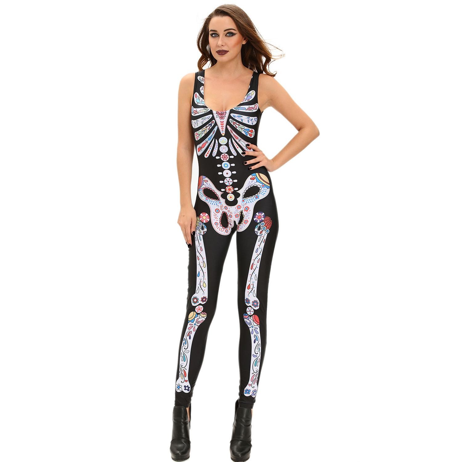  Mexican  Skull  Halloween  Skelett  Overall  Horror  Catsuit  Damen  Karneval  XS-M 